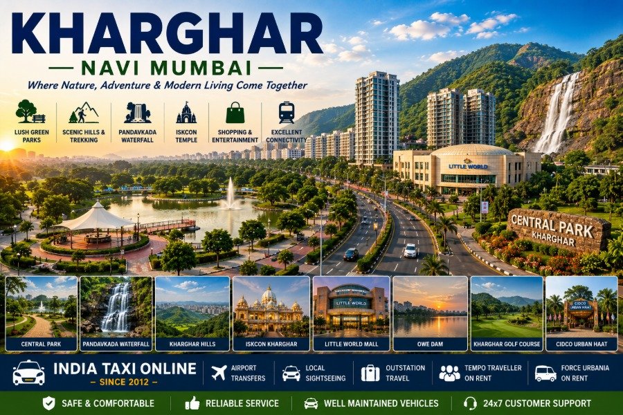 Scenic Kharghar featuring Central Park, green hills, Pandavkada Waterfall and modern Navi Mumbai skyline