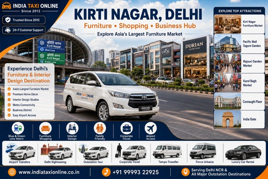 Kirti Nagar Furniture Market, Metro Station, premium furniture showrooms and commercial district in West Delhi.