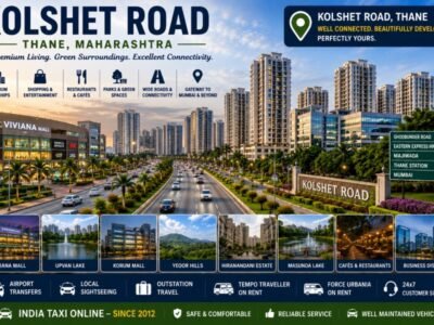 Scenic Kolshet Road featuring modern residential towers, landscaped roads, green parks and Thane skyline