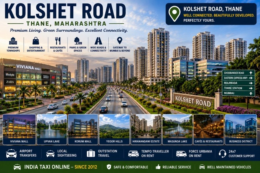Scenic Kolshet Road featuring modern residential towers, landscaped roads, green parks and Thane skyline