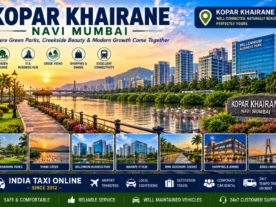 Scenic Kopar Khairane featuring landscaped parks, creek views, modern business buildings and Navi Mumbai skyline