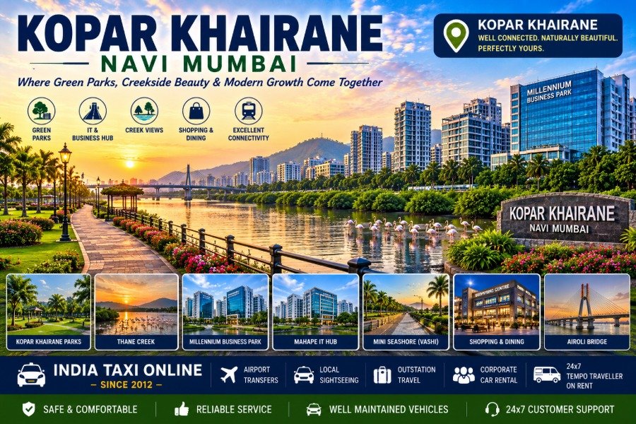 Scenic Kopar Khairane featuring landscaped parks, creek views, modern business buildings and Navi Mumbai skyline