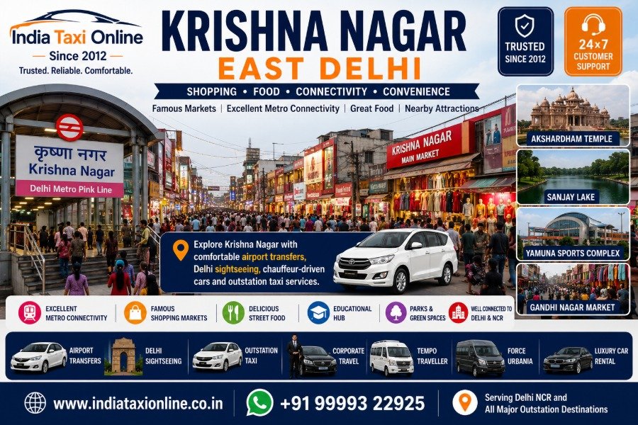 Krishna Nagar Market, busy shopping streets, Metro connectivity and retail stores in East Delhi.