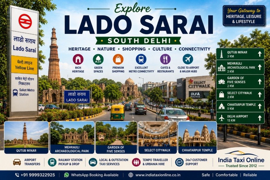 Lado Sarai in South Delhi featuring Qutub Minar, Mehrauli Archaeological Park, Garden of Five Senses, Saket shopping district, and Metro connectivity
