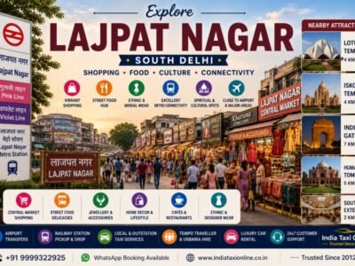 Lajpat Nagar Central Market in South Delhi featuring colourful shopping streets, ethnic fashion stores, street food, Metro connectivity, and vibrant commercial activity
