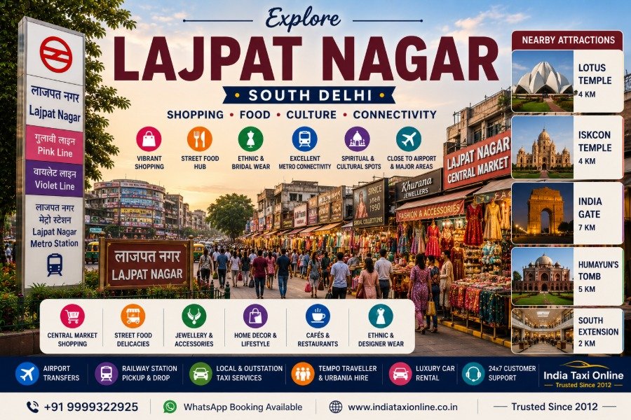 Lajpat Nagar Central Market in South Delhi featuring colourful shopping streets, ethnic fashion stores, street food, Metro connectivity, and vibrant commercial activity