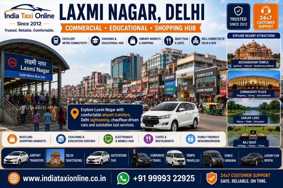 Laxmi Nagar Metro Station, busy shopping market, commercial streets and modern cityscape in East Delhi.