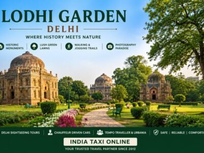 Historic Lodhi Garden in New Delhi featuring lush green lawns, ancient tombs and scenic walking paths