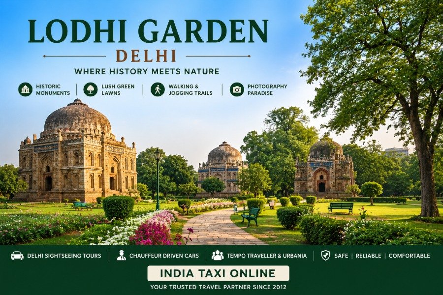 Historic Lodhi Garden in New Delhi featuring lush green lawns, ancient tombs and scenic walking paths