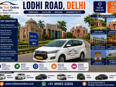 Lodhi Road featuring Lodhi Garden, India Habitat Centre, heritage monuments and tree-lined boulevard in New Delhi.