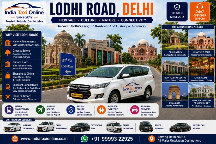 Lodhi Road featuring Lodhi Garden, India Habitat Centre, heritage monuments and tree-lined boulevard in New Delhi.