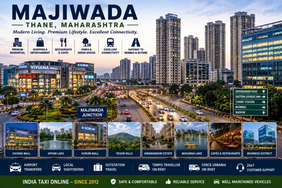 Scenic Majiwada featuring premium residential towers, landscaped roads, shopping malls and modern Thane skyline
