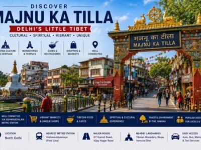 Majnu Ka Tilla in North Delhi featuring colourful Tibetan streets, Buddhist monastery, prayer flags, cafés, handicraft shops and vibrant Little Tibet atmosphere