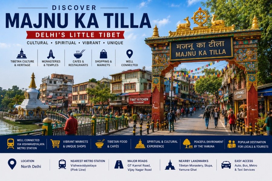 Majnu Ka Tilla in North Delhi featuring colourful Tibetan streets, Buddhist monastery, prayer flags, cafés, handicraft shops and vibrant Little Tibet atmosphere