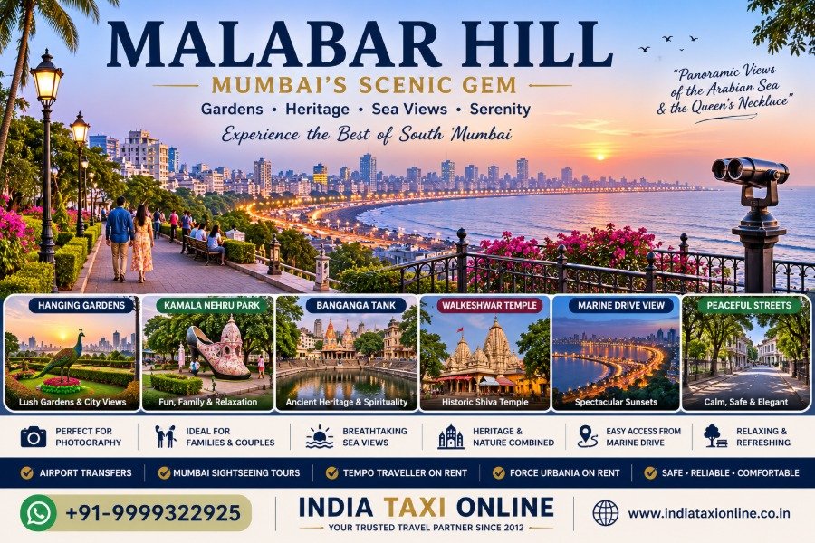 Malabar Hill in South Mumbai featuring Hanging Gardens, Kamala Nehru Park, lush greenery and panoramic views of Marine Drive and the Arabian Sea