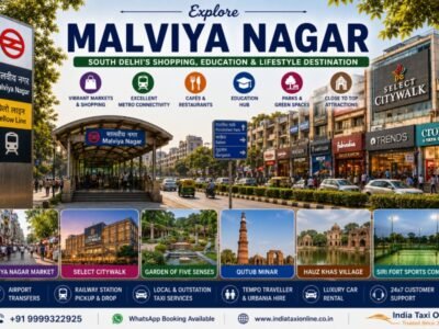 Malviya Nagar in South Delhi featuring bustling shopping streets, Malviya Nagar Metro Station, cafés, restaurants, landscaped parks, and modern residential surroundings.