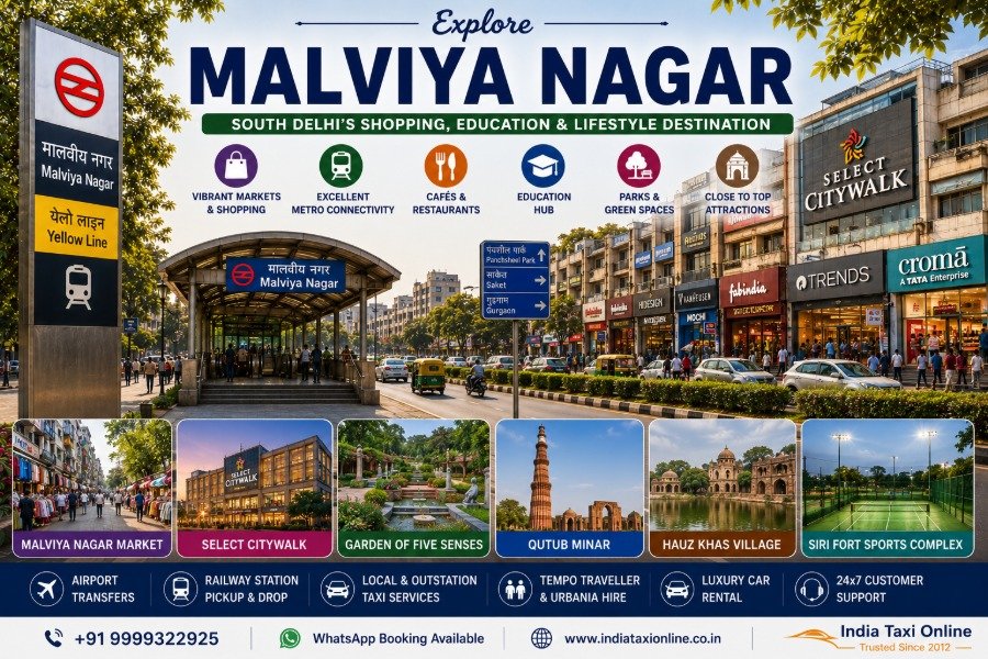 Malviya Nagar in South Delhi featuring bustling shopping streets, Malviya Nagar Metro Station, cafés, restaurants, landscaped parks, and modern residential surroundings.