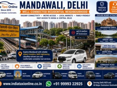 Mandawali residential neighbourhood, railway station, Metro connectivity and modern roads in East Delhi.
