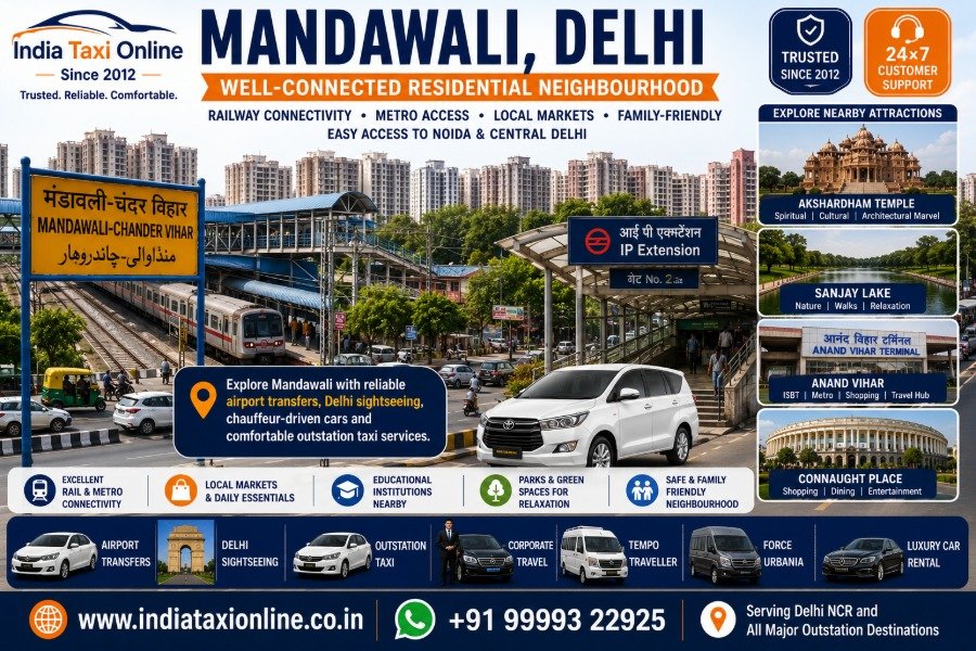 Mandawali residential neighbourhood, railway station, Metro connectivity and modern roads in East Delhi.