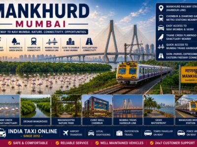Scenic view of Mankhurd Mumbai featuring Thane Creek, mangroves, flamingos, Harbour Line railway and modern skyline