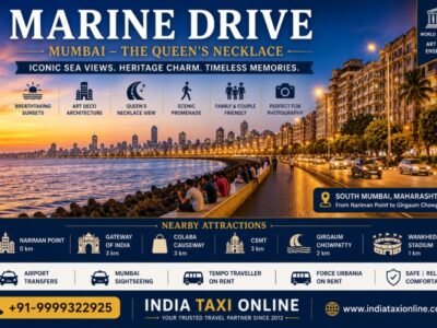Marine Drive in Mumbai featuring the Arabian Sea, Art Deco buildings, curved promenade and stunning sunset skyline