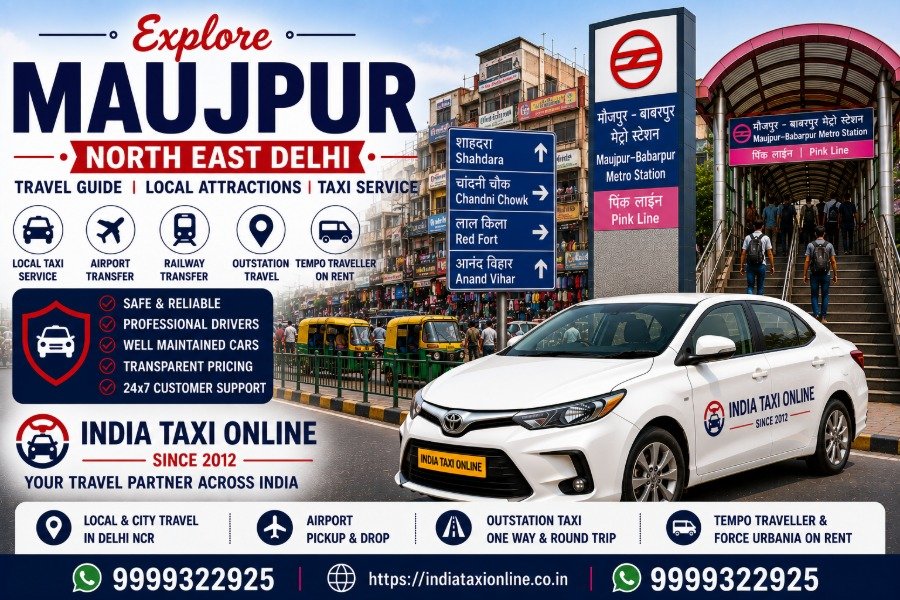 Maujpur in North East Delhi featuring Maujpur–Babarpur Metro Station, local markets and reliable taxi services by India Taxi Online.