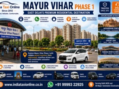 Mayur Vihar Phase 1 Metro Station, modern residential apartments, green parks and Akshardham Temple in East Delhi.