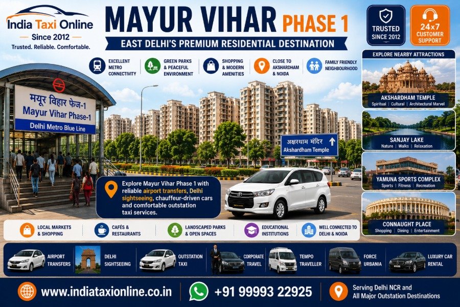 Mayur Vihar Phase 1 Metro Station, modern residential apartments, green parks and Akshardham Temple in East Delhi.