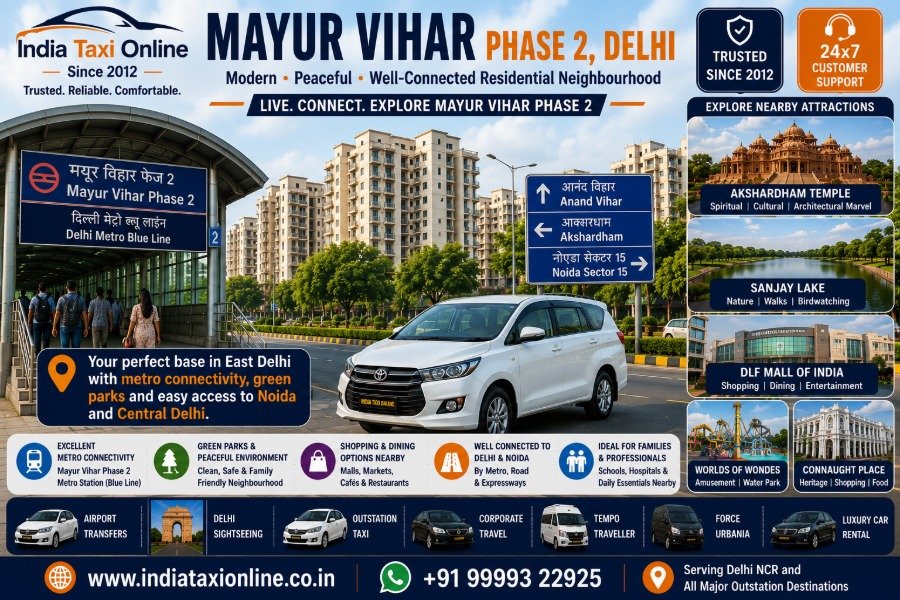 Mayur Vihar Phase 2 Metro Station, residential apartments, green parks and modern neighbourhood in East Delhi.