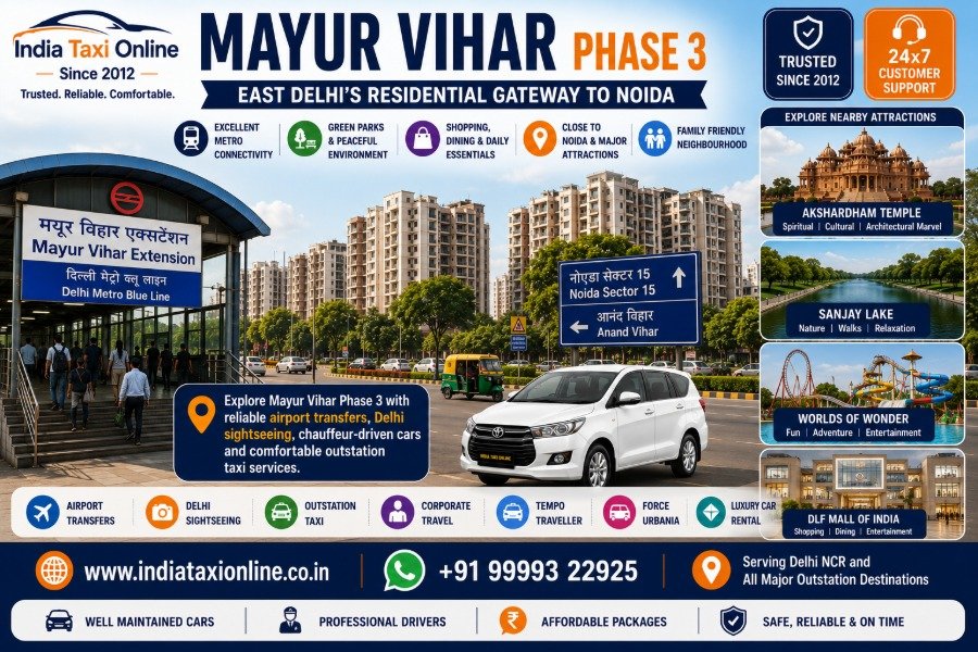 Mayur Vihar Phase 3 residential apartments, Metro connectivity, green parks and Delhi–Noida corridor.