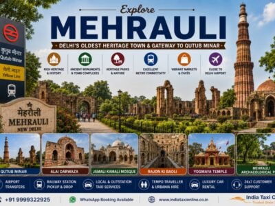 Mehrauli in South Delhi featuring Qutub Minar, Mehrauli Archaeological Park, historic monuments, tree-lined heritage pathways, and Qutub Minar Metro Station.