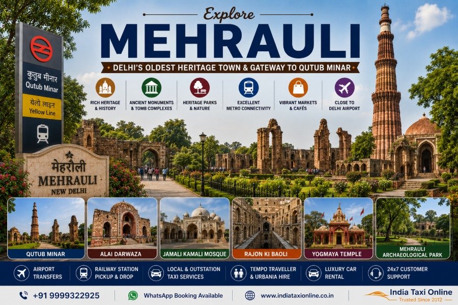 Mehrauli in South Delhi featuring Qutub Minar, Mehrauli Archaeological Park, historic monuments, tree-lined heritage pathways, and Qutub Minar Metro Station.