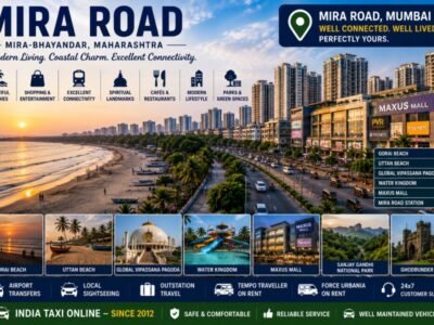 Scenic Mira Road featuring modern skyline, Gorai Beach, Global Vipassana Pagoda and vibrant urban surroundings