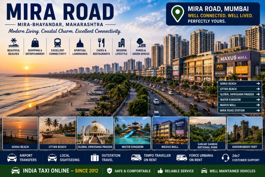 Scenic Mira Road featuring modern skyline, Gorai Beach, Global Vipassana Pagoda and vibrant urban surroundings