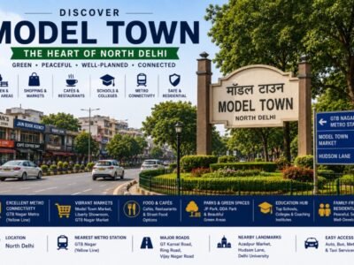 Model Town in North Delhi featuring tree-lined avenues, landscaped parks, Model Town Metro Station, elegant residential streets and vibrant local market