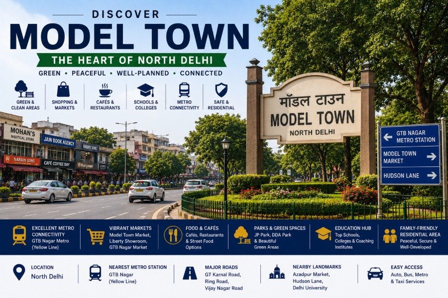Model Town in North Delhi featuring tree-lined avenues, landscaped parks, Model Town Metro Station, elegant residential streets and vibrant local market