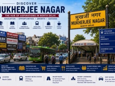 Mukherjee Nagar in North Delhi featuring coaching institutes, bookstores, student cafés, GTB Nagar Metro connectivity and vibrant academic streets