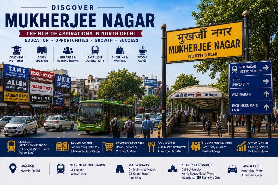 Mukherjee Nagar in North Delhi featuring coaching institutes, bookstores, student cafés, GTB Nagar Metro connectivity and vibrant academic streets