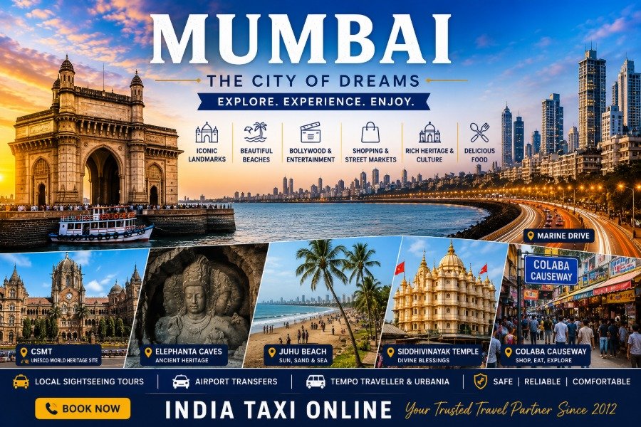 Mumbai skyline featuring Gateway of India, Marine Drive, Arabian Sea, Chhatrapati Shivaji Maharaj Terminus and modern skyscrapers