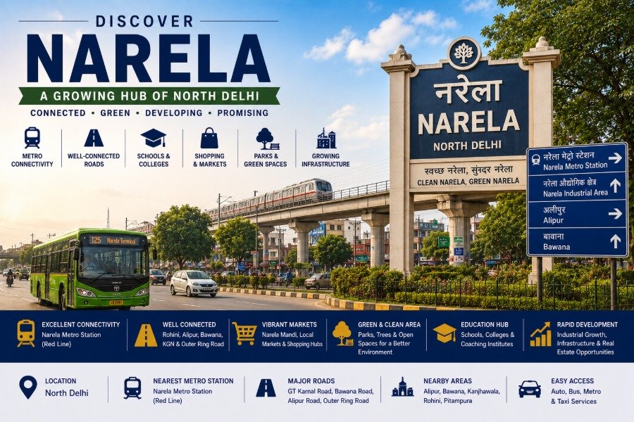 Narela in North Delhi featuring modern residential sectors, NH-44 GT Karnal Road, green parks, local markets and expanding urban development