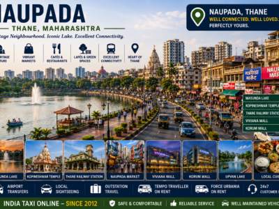 Scenic Naupada featuring Masunda Lake, bustling shopping streets, modern buildings and Thane city skyline