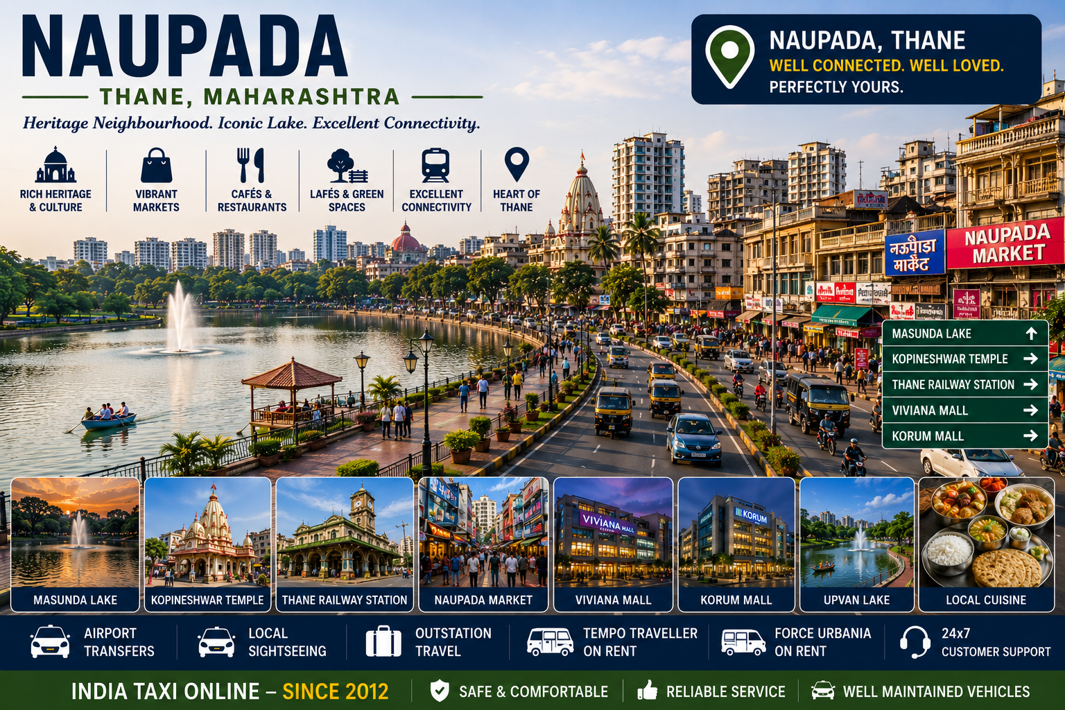 Scenic Naupada featuring Masunda Lake, bustling shopping streets, modern buildings and Thane city skyline