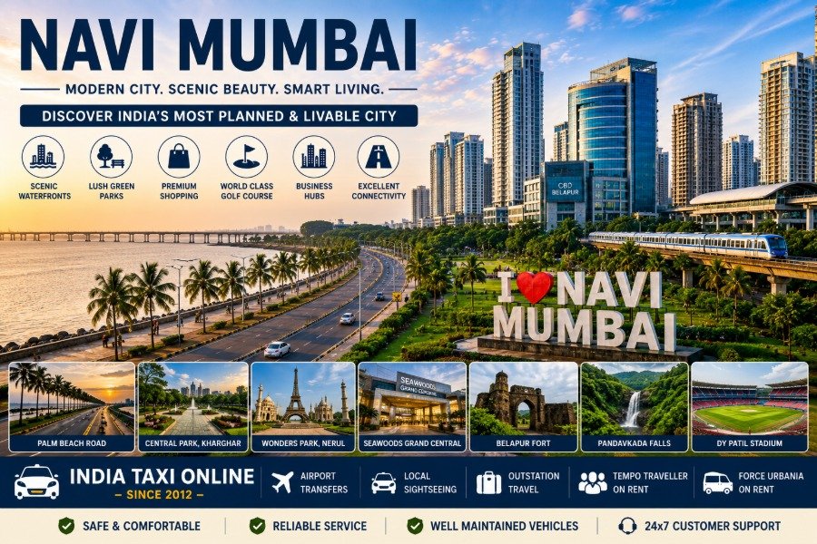 Modern Navi Mumbai skyline featuring Palm Beach Road, waterfront, parks, skyscrapers and scenic urban landscape