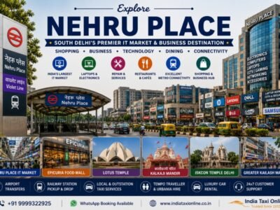 Nehru Place in South Delhi featuring modern commercial buildings, India's largest IT market, Nehru Place Metro Station, electronics shops, office towers, and busy business streets.