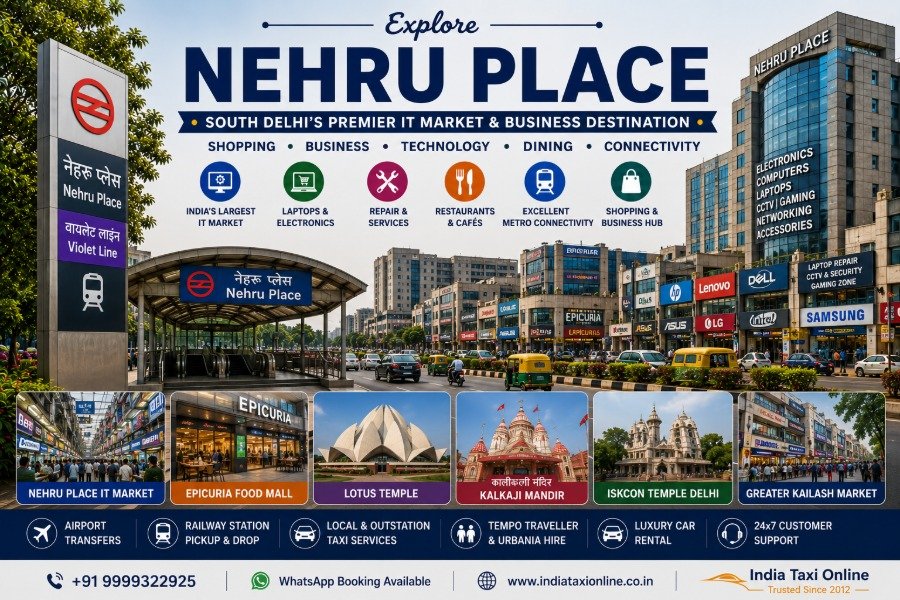 Nehru Place in South Delhi featuring modern commercial buildings, India's largest IT market, Nehru Place Metro Station, electronics shops, office towers, and busy business streets.