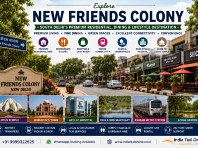New Friends Colony in South East Delhi featuring tree-lined residential streets, premium homes, cafés, restaurants, landscaped parks, and modern urban surroundings.