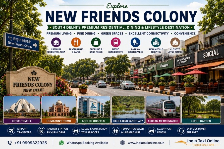 New Friends Colony in South East Delhi featuring tree-lined residential streets, premium homes, cafés, restaurants, landscaped parks, and modern urban surroundings.