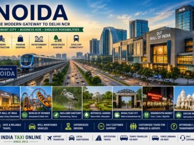 Noida Travel Guide – Modern Delhi NCR Destination Modern Noida skyline featuring DLF Mall of India, expressways, parks, corporate towers and entertainment attractions