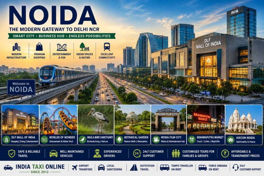 Modern Noida skyline featuring DLF Mall of India, expressways, parks, corporate towers and entertainment attractions