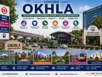 Okhla in South East Delhi featuring Okhla Bird Sanctuary, modern commercial buildings, Okhla Industrial Estate, Metro connectivity, and green wetlands.